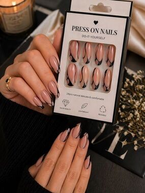 💅🖤 Chic Nude Black Abstract Press On Nails Reusable 24pc Trendy New